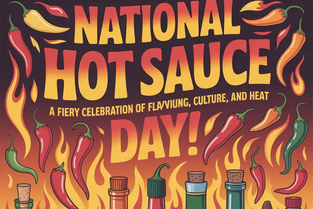Vibrant National Hot Sauce Day poster with flames, colorful chili peppers, and assorted hot sauce bottles labeled with varieties like habanero and Carolina Reaper, celebrating flavor, culture, and heat.