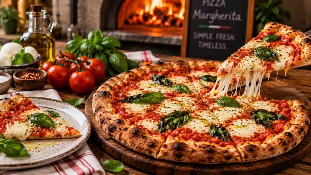 Margherita pizza with tomato sauce, melted mozzarella, fresh basil and a crisp Italian-style crust