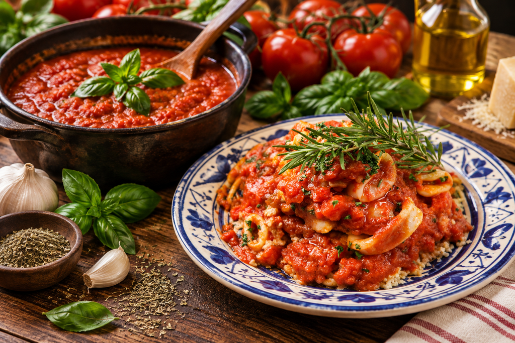  Homemade tomato sauce with fresh tomatoes, basil and rigatoni pasta
