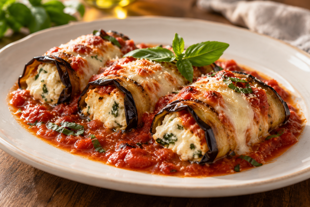 Eggplant rollatini filled with ricotta, topped with melted mozzarella and tomato sauce, and garnished with fresh basil.