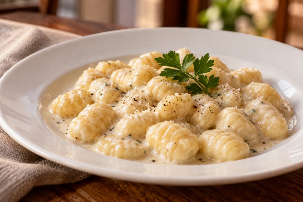 Gnocchi coated in creamy white sauce and garnished with parsley.